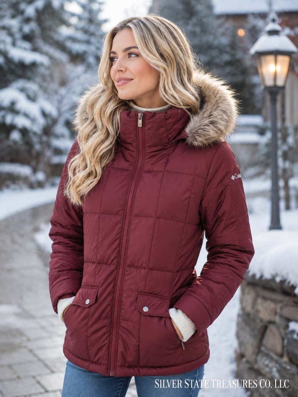 Columbia Peak to Park Mid Insulated Winter Jacket Faux Fur Hood Burgundy sz M
